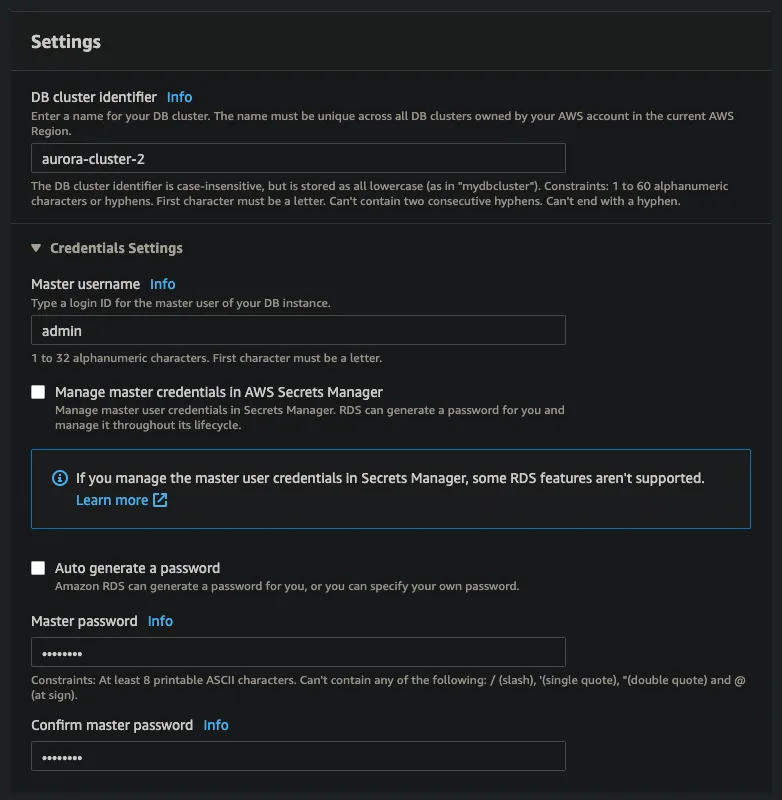 Launch RDS DB cluster ID and credentials