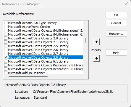 ActiveX Data Objects Selection