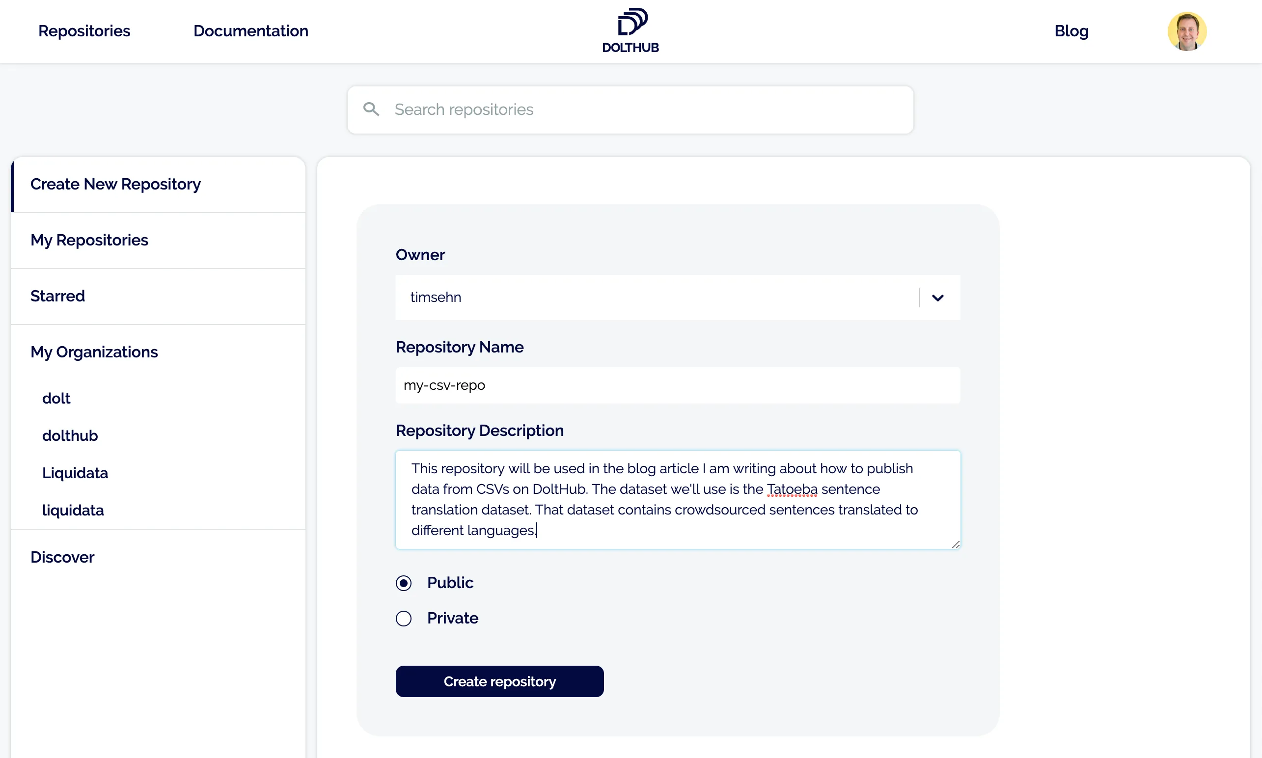 Create New Repository Page