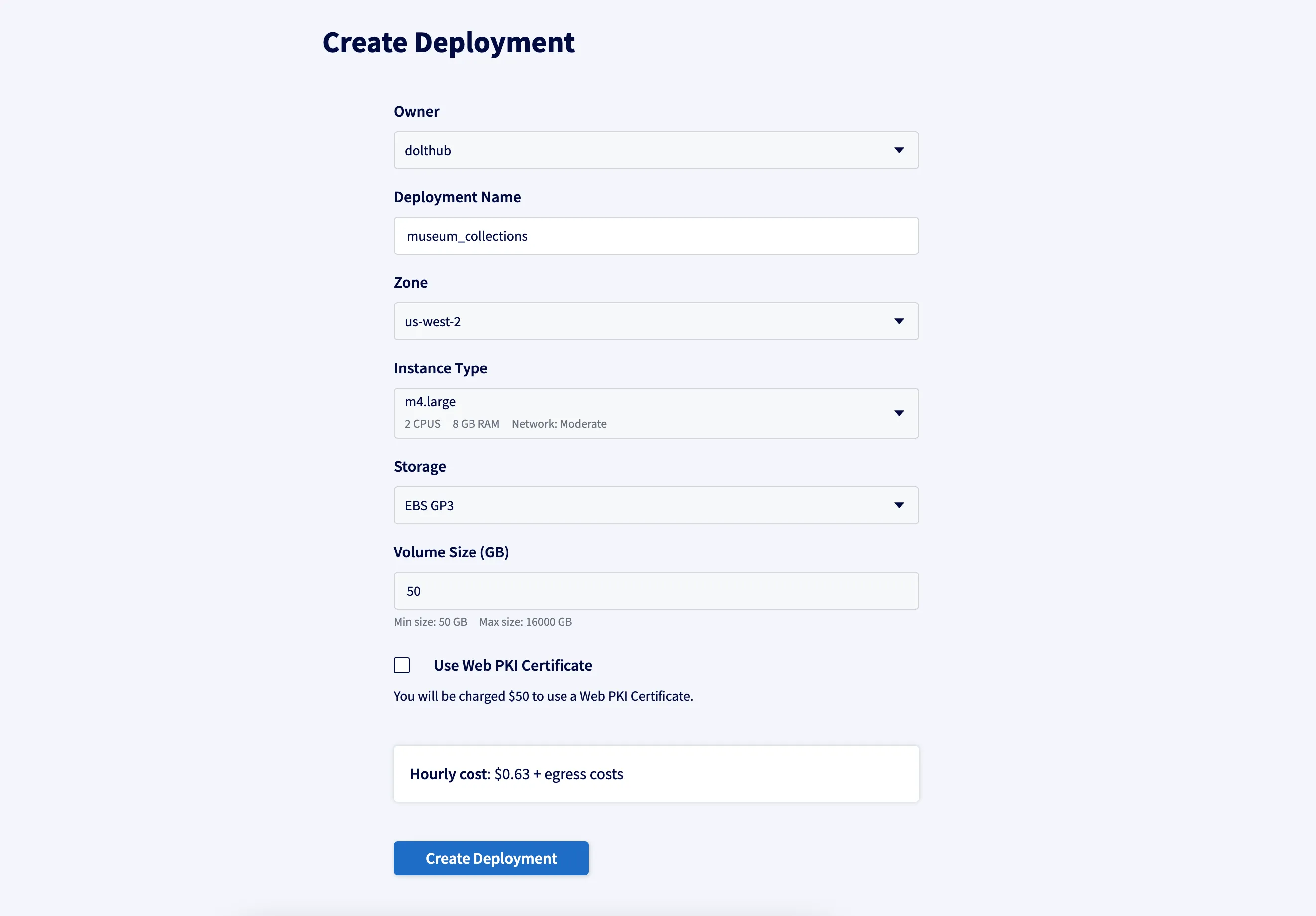 Create deployment form