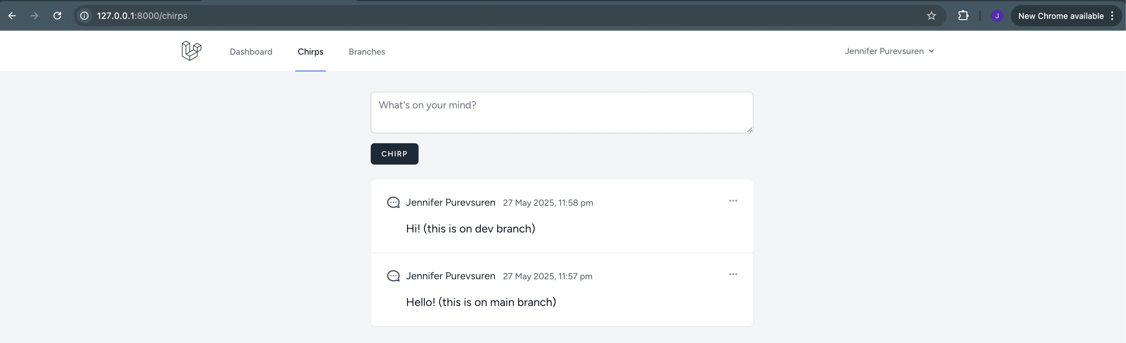 Laravel chirp in dev in with Doltgres