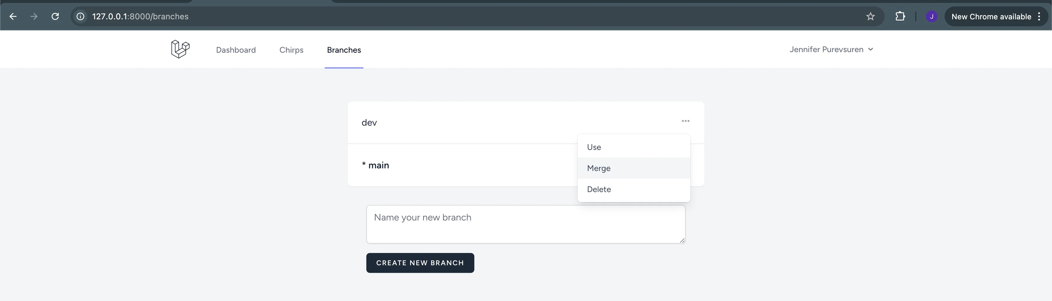 Laravel merge dev to main with Doltgres