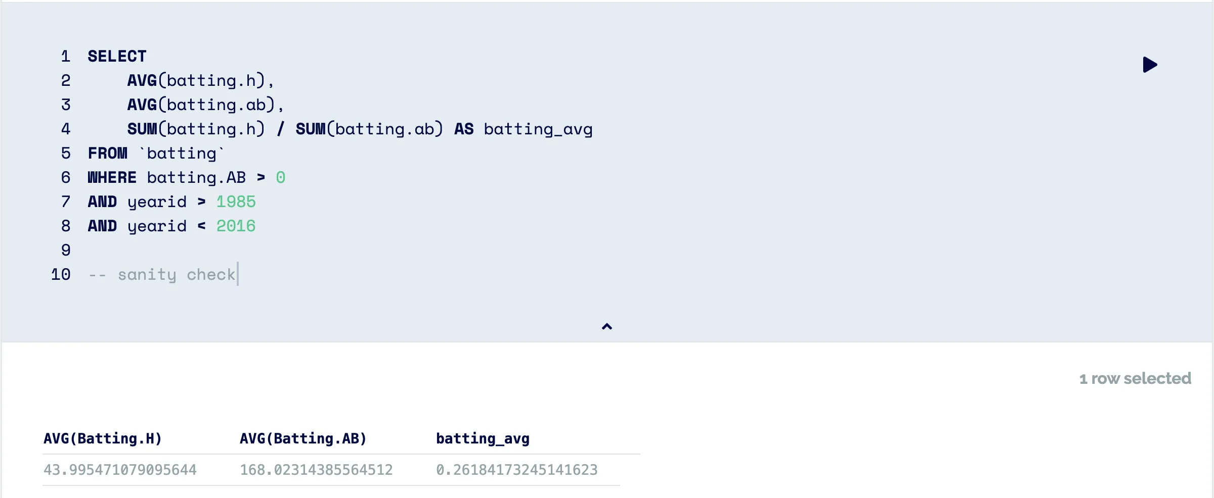 sanity check query batting average