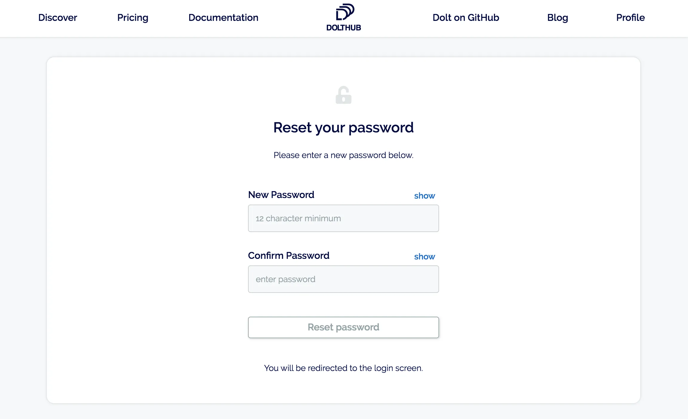 Reset password page
