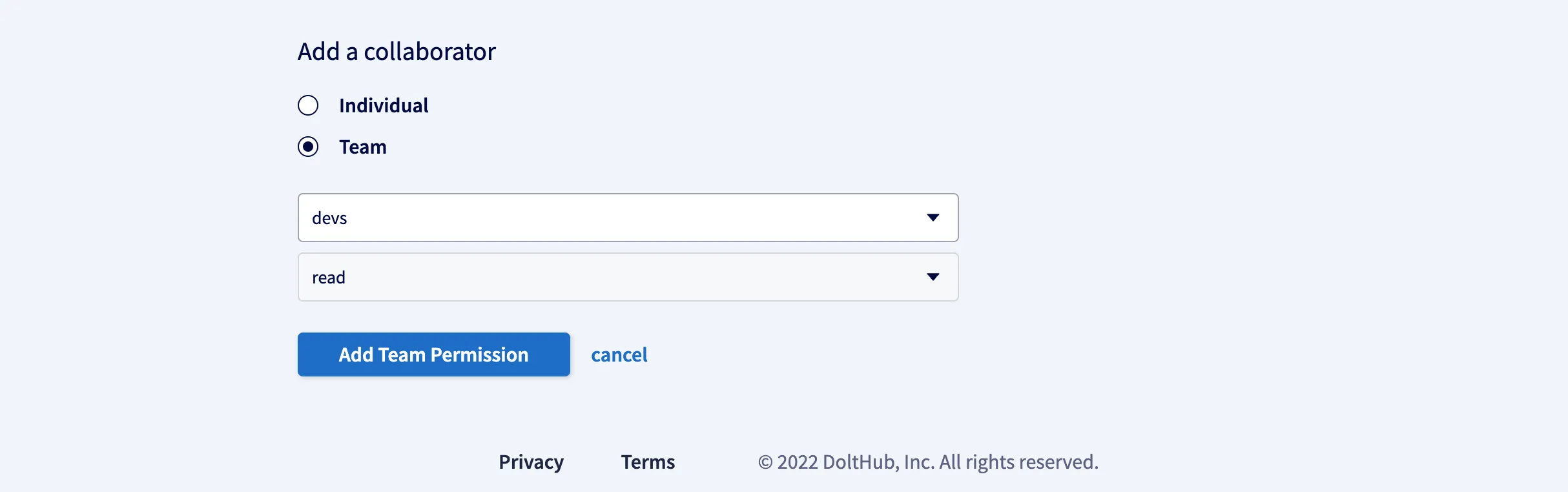 visit the setting tab of some deployment, scroll to the bottom of the page to add team dtp
