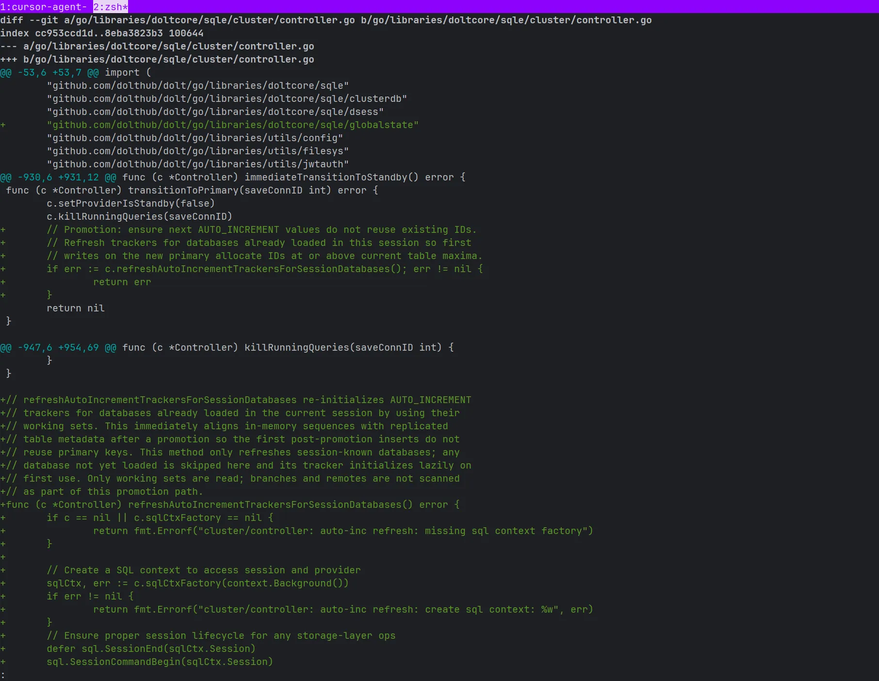 zsh and cursor agent within tmux session