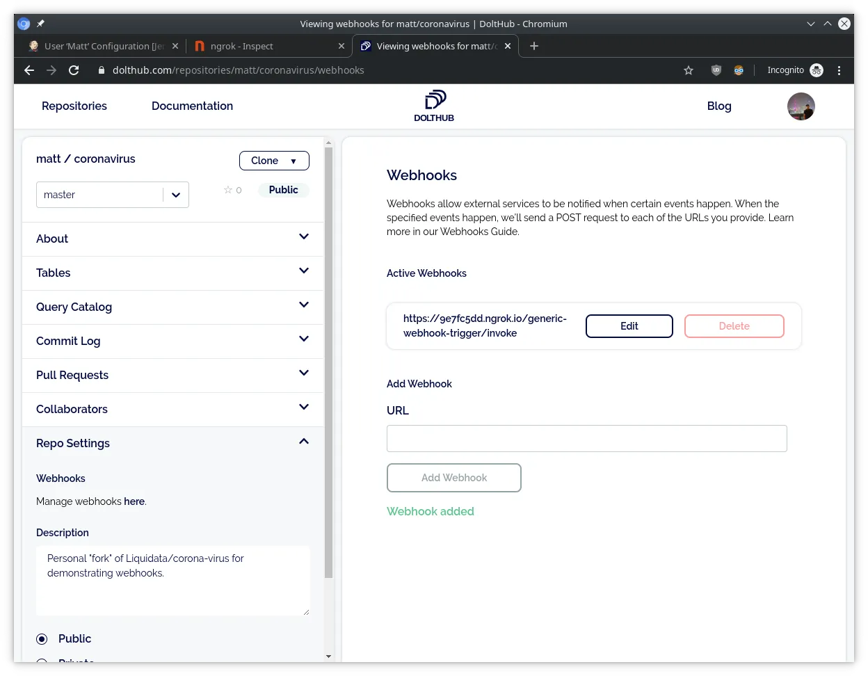 Result of successful webhook creation