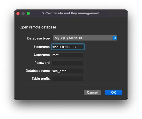 XCA configure remote database connection